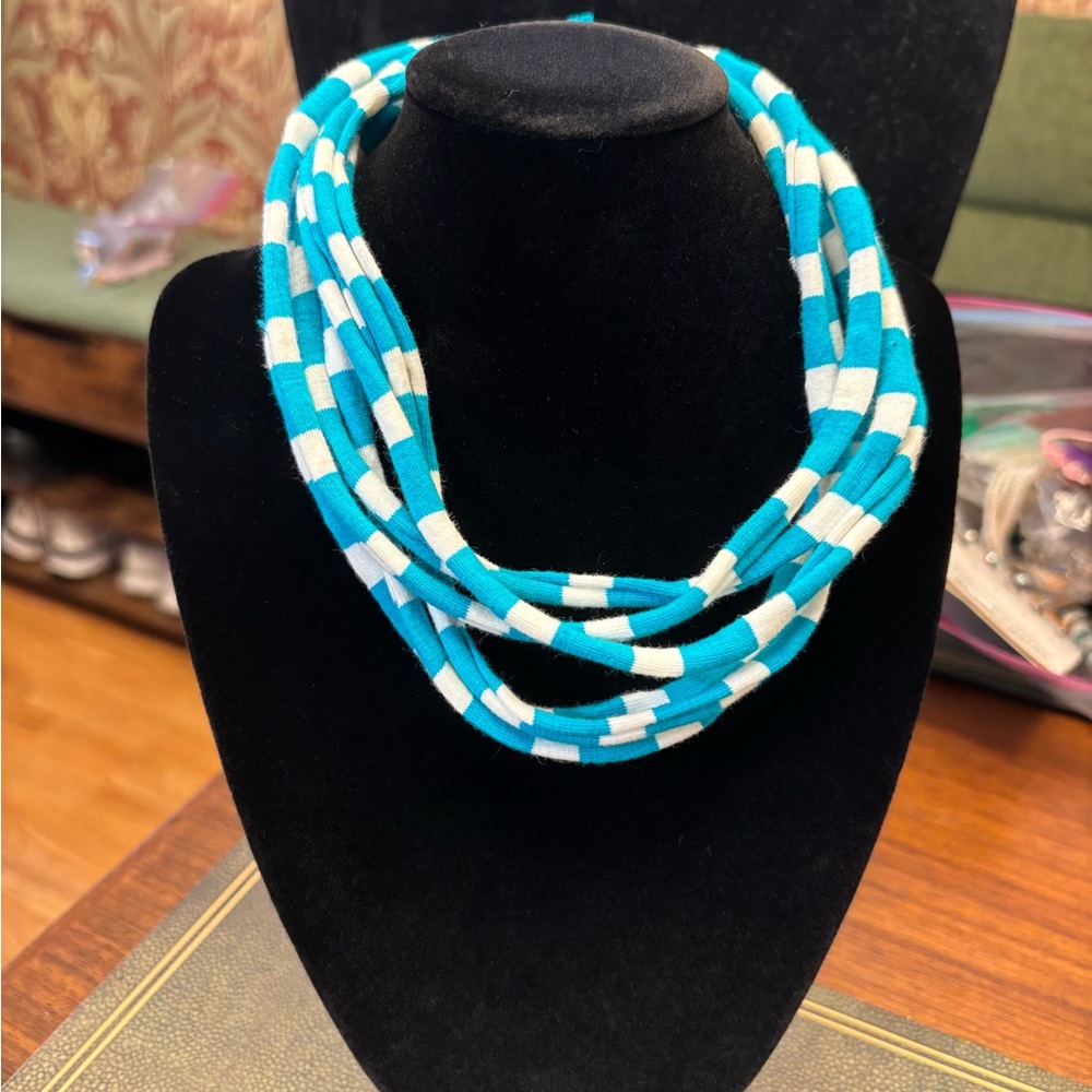 New Fun chunky fabric necklace Turquoise and White vibrant comfy colorful bold